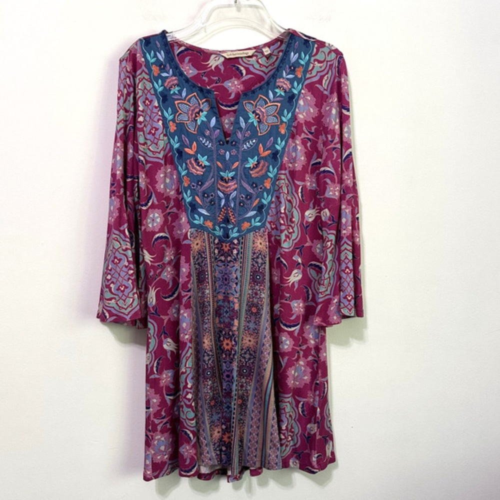 Soft Surroundings Aili Tunic Top S Embroidered 3/4 Sleeve Boho Pullover Colorful